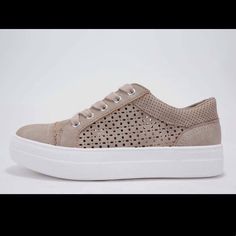 The Nora Platform Sneaker Comes With A 1.5" Platform Heel And Pattern Cut Out Detail. I Recommend Sizing Down A Half Size If You Prefer Wide Shoes Stay In Your Normal Size For A Relaxed Fit Trendy Beige Sneakers With Perforated Toe Box, Trendy Suede Sneakers For Summer, Trendy Beige Suede Sneakers, Casual Beige Sneakers With Perforations, Casual Beige Sneakers With Vented Sides, Beige Perforated Sneakers For Spring, Spring Beige Perforated Sneakers, Fur Sneakers, Beige Sneakers