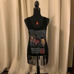 Unique Fringed Shirt With Lots Of Bling! Size L. Never Worn. Necklace Not Included. Fitted Casual Tank Top With Fringe, Casual Fitted Fringe Tank Top, Casual Black Fringe Tops, Black Bohemian Tops With Fringe, Bohemian Black Tops With Fringe, Sleeveless Black Top With Fringe, Casual Fringe Tank Top For Festivals, Fringed Shirt, Fringe Shirt