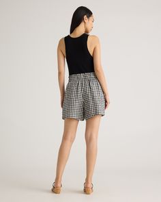 Elevate your summer style with our 100% European Linen High Waisted Shorts. Crafted from premium linen, these shorts offer a luxuriously lightweight and breathable option for warm weather dressing. The high rise silhouette elongates your legs and flatters your figure, while the relaxed fit keeps you comfortable all day long. Featuring a clean, minimalist design, these shorts are perfect for dressing up or down. Whether you're lounging at the beach or exploring a new city, our European Linen High Chic Plaid Short-length Bottoms, Chic Plaid Short Bottoms, Chic Plaid Cotton Shorts, Plaid Shorts For Summer Day Out, Plaid Summer Bottoms Short Length, Plaid Short Bottoms For Summer, Chic Gingham Cotton Shorts, Chic Gingham Shorts For Summer, Chic Gingham Shorts