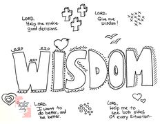 the word wisdom written in doodle style with hearts and crosses on it's side