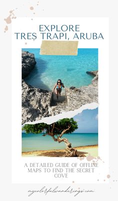 a woman sitting on top of a tree in front of the ocean with text that reads explore