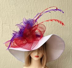 This beautiful hat is lightweight and would be perfect for horse races, tea parties, bridal showers, church or any special event. Whimsical Wide-brim Hat For Garden Party, Whimsical Pink Hat For Races, Brimmed Headpieces For Garden Party & Kentucky Derby, Whimsical Flower-shaped Hats For Garden Party, Luxury Hat-shaped Fascinator For Garden Party, Doll Hat, Flower Hats, Beautiful Hats, Party Hats