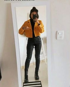 Yellow And Black Outfits For Women, Yellow Leather Jacket Outfit, Black Yellow Outfit, Yellow Black Outfit, Yellow And Black Outfit, Black And Yellow Outfit, Black 2 Piece Outfit, Yellow Jacket Outfit, Yellow Leather Jacket