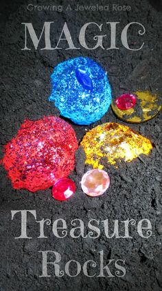 three colorful rocks with the words, magic treasures rocks written in white on top of them