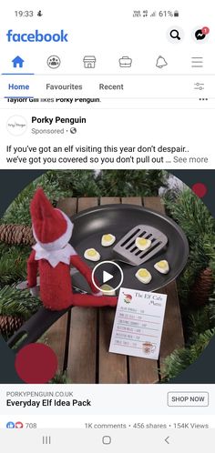 an elf is cooking eggs in a frying pan with the caption, facebook