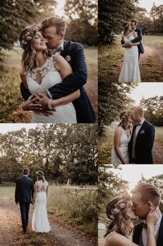 a bride and groom kissing in the woods