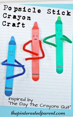 two crayons with the words popsicle stick crayon craft on them