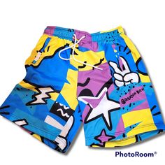 Reason Brand Pop Art Cartoon Comic Book Beach Shorts Multi-Color Rsn Great Pair Of Shorts That Go Great With A Plain Colored T-Shirt & A Pair Of Jordans, Air Force 1s, Or Shell-Toe Superstar Adidas! No 2 Prints Are Alike. Each Pair Have A Different Graphic Mash-Up. Elastic Waist, Drawstring Closure, Slash Pockets, & Stretch Fabric Material. Mpn: A1-231 Msrp: $49 Multicolor: Blue, Aqua, Teal, White, Yellow, Black, Purple Sizes: S, M, L 100% Polyester New W/Tags Sb Dunk, Max, Zoom, Kyrie, Kobe, Le Playful Blue Bottoms With Built-in Shorts, Summer Casual Bottoms With Cartoon Print, Playful Graphic Print Beach Bottoms, Casual Multicolor Bottoms With Graphic Print, Casual Multicolor Graphic Print Bottoms, Fun Blue Beach Shorts, Blue Shorts For Streetwear In Summer, Playful Multicolor Printed Shorts, Blue Shorts For Summer Streetwear