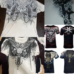 several t - shirts with different designs on them, including an eagle and cross design