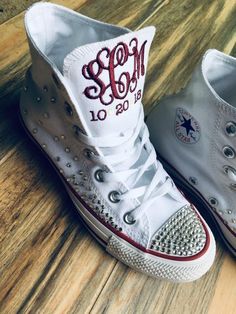 Hi Top Bling Sneakers, Bling wedding shoes, monogrammed converse, wedding shoes, Decorated Converse Lace-up Sneakers With Rhinestones For Anniversary, Decorated Converse, Monogram Converse, Bling Wedding Shoes, Sneakers Wedding, Bling Sneakers, Converse Wedding, Bat Mitzvah Dresses, Biker Wedding