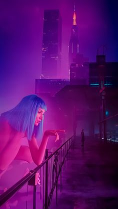 a woman with blue hair leaning on a railing in front of a cityscape