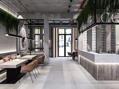 the interior of a restaurant with tables, chairs and plants hanging from the ceiling above