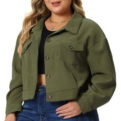 This lightweight cropped flannel jacket is fit for many occasions: casual, shopping, dating, and traveling. Made of corduroy material, this lightweight jacket is perfect for layering over any outfit and is available in plus sizes to flatter all body types. This jacket is a combination of a shirt and jacket, featuring a button-down design and cropped length that's both stylish and comfortable. This fashionable and trendy plus size clothes for women can not only be worn daily, but can also be easi Cropped Flannel, Green Denim Jacket, Corduroy Shacket, Plus Size Halloween Costume, Cropped Button Down, Corduroy Material, Womens Jackets Casual, Plus Size Halloween, Flannel Jacket