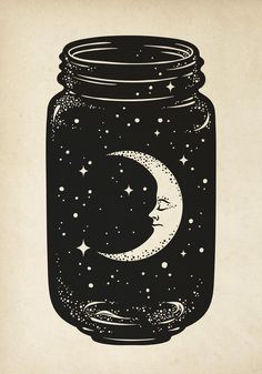 a black and white drawing of a mason jar with a crescent moon on the lid