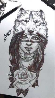 a drawing of a woman with a wolf's head and roses on her face