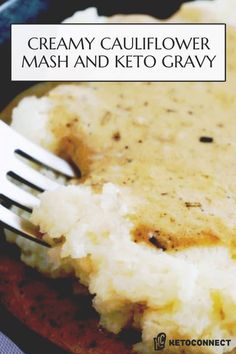 a close up of a plate of mash and keto gravy with a fork