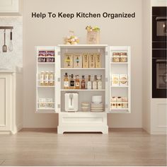 a white kitchen cabinet with shelves filled with spices and condiments on the wall