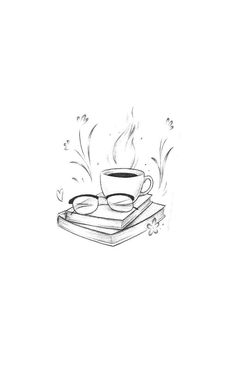 a cup of coffee sitting on top of a book next to a pair of glasses