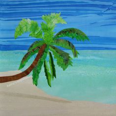 a painting of a palm tree on the beach