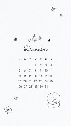 a calendar with the word december written in black and white on it, surrounded by snowflakes