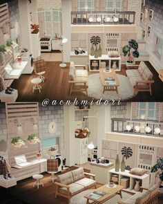 two pictures of a living room and dining area