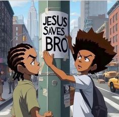 two young boys standing next to each other near a pole with the words jesus saves bro written on it