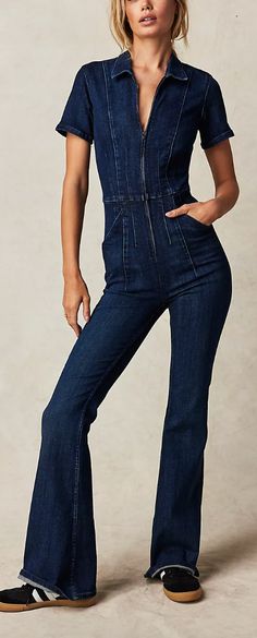 The top selling jayde flare style now in a jumpsuit. Super comfortable and beyond flattering with side pockets ,zip front and flare bottoms. Jumpsuit Long Sleeve, Jumpsuit Long, 70s Inspired Fashion, Suit Jumpsuit, Flare Jumpsuit, Fashionable Outfits, Nili Lotan, Inspo Board, Denim Jumpsuit