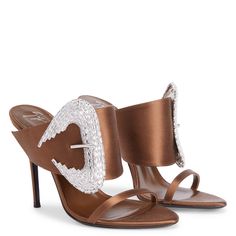 Satin mules with a large embellished crystal buckle and stiletto heel. Heels Runway, Chloe 2024, Shoes Closet, Mule Heels, Giuseppe Zanotti Heels, Crystal Belt, Heels Sneakers, Vacation Mood, Fancy Shoes