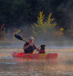 a man and his dog are kayaking in the water