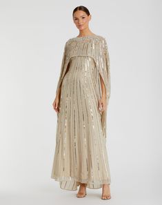 Embellished Beaded Column Cape Gown Asymmetrical Cape, Cape Gown, Western Chic, Cape Sleeves, Mac Duggal, Cape Dress, Champagne Color, Boat Neckline, The Boat