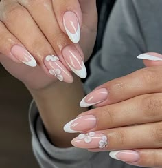 Pink And White Almond Nails Art Designs, White Nails With Pink Butterflies, Almond French Tip Nails With 3d Flower, Almond Nails With 3d Flower, 3d Flower Nails Coffin White, Classy Gel Nails, Natural Gel Nails, Romantic Nails