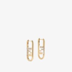 Oval earrings with Fendi O'Lock motif. Made of metal with a gold finish. Embellished with white crystals. Made in Italy. One Size Lock Earrings, Fendi Earrings, Fendi Logo Design, Fendi Store, Gold Color Ring, Womens Designer Bags, Wrist Jewelry, Oval Earrings, Lock Necklace