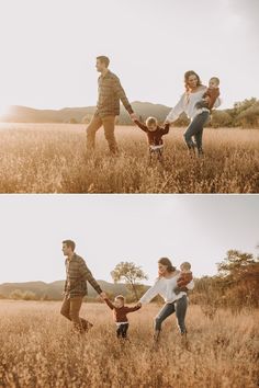 two photos of a family holding hands and walking through tall grass