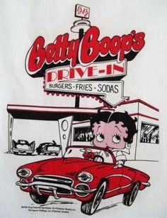 a drawing of a woman driving a red car in front of a diner