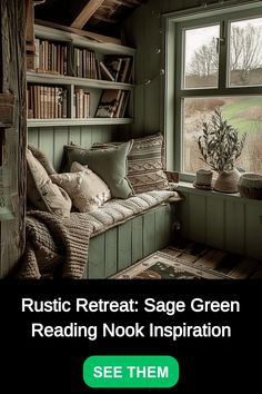 rustic reading room Greenhouse Book Nook, Forest Themed Reading Corner, Cozy Green Library, Book Nooks Forest, Rustic Reading Nook, Forest Themed Book Nook, Green Reading Nook, Rustic Color Schemes, Reading Nook Ideas