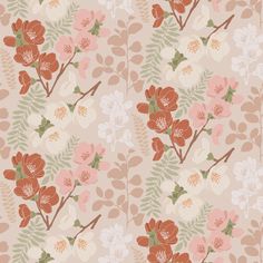 a floral wallpaper pattern with pink and white flowers on a light brown background,