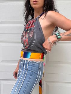 ACDC  Band Tee Beaded Necklace & Striped Backless Halter Crop Top With Striped Serape Tie Waist Multicolor Beaded Tops For Festival, Acdc Band, Queen Summer, Wrap Tank Top, Turquoise Bead Necklaces, Red Fits, Upcycled Fashion, Sleeveless Tops, Halter Crop Top