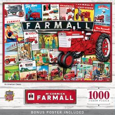 the farmall poster is displayed on a white wooden background with red and black pictures