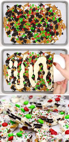 two trays filled with decorated cookies and sprinkles