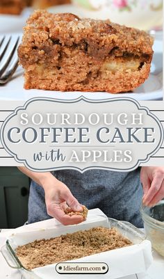 someone is holding a piece of coffee cake with apples