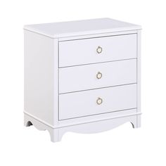 a white dresser with three drawers and two pulls on the bottom, in front of a white background