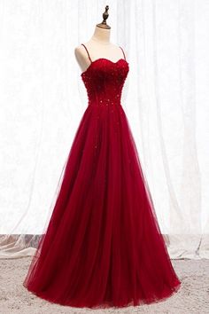 Shop Aline Long Tulle Burgundy Evening Dress With Spaghetti Straps online. SheProm offers formal, party, casual & more style dresses to fit your special occasions. Vampire Outfits, Burgundy Evening Dress, Prom Dress Inspo, Beaded Formal Dress, Reception Gown, Red Prom, Grad Dresses, Red Prom Dress, Style Dresses