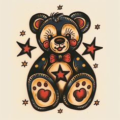 Vivid Teddy Bear Tattoo Vector Art 80s Flash Tattoo, Teddy Bear Traditional Tattoo, Vintage Style Tattoos For Women, Broach Tattoo, Son Tattoos For Mom, Colored Traditional Tattoo, Trad Hand Tattoo, Black And Color Tattoo, Teddy Bear Tattoo Designs