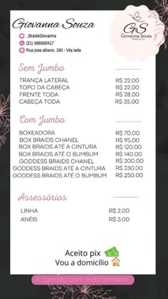 the menu for an event with pink flowers on black and white background, in spanish