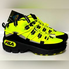 Step Up Your Shoe Game With These Fila Grant Hill 1 X Trailpacer Sneakers. The Neon Green And Black Color Combination Is Perfect For Adding Some Brightness To Your Outfit. The Medium Width And Cushioned Sole Make These Shoes Comfortable For Walking, Crossfit, And Hiking. The Synthetic-And-Rubber Upper Material And Breathable Design Ensure That Your Feet Stay Cool And Dry During Any Activity. These Shoes Also Feature An Adjustable Fit And Glow-In-The-Dark Accents For Added Style. Don't Miss Out O Sporty Yellow Sneakers For Outdoor Activities, Neon Yellow Synthetic Sneakers For Sports, Yellow Sneakers With Rubber Sole For Outdoor Activities, Yellow Sneakers With Rubber Sole For Outdoor, Functional Yellow High-top Sneakers, Yellow Lace-up Sneakers For Outdoor Activities, Yellow High-top Sneakers For Outdoor Activities, Fila Basketball Shoes, Fila Grant Hill