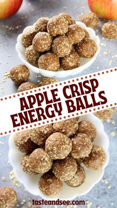 apple crisp energy balls in white bowls with apples behind them