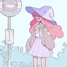 a girl with pink hair is standing next to a clock and wearing a purple hat