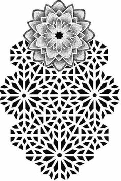 a black and white drawing of a flower in the middle of an intricate design with geometric shapes