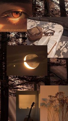 a collage of photos with an eye looking at the moon, trees and other things