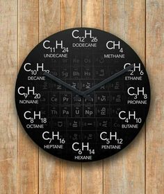 a black clock with the chemical symbols on it's face and numbers written in different languages